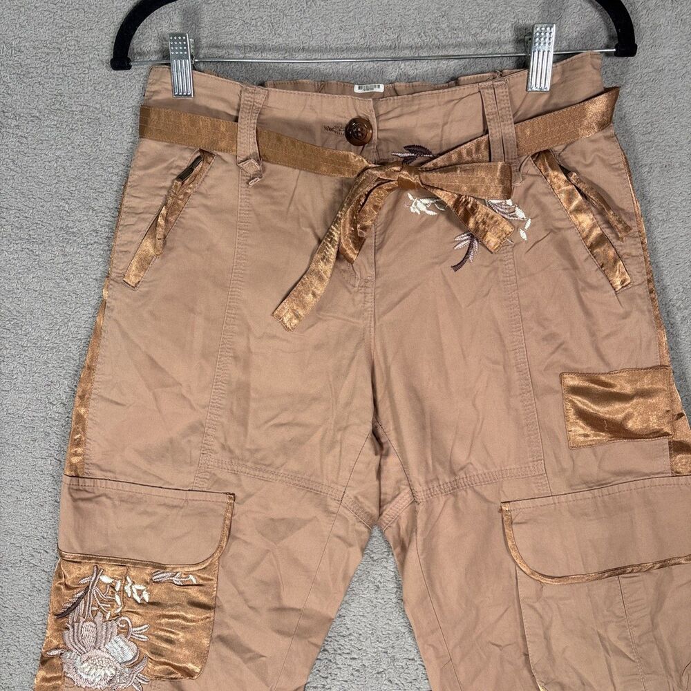 Cache Women’s Cropped Cargo Pants Size S Tan Brown Floral Boho Y2K Rave Fairy - Picture 4 of 15